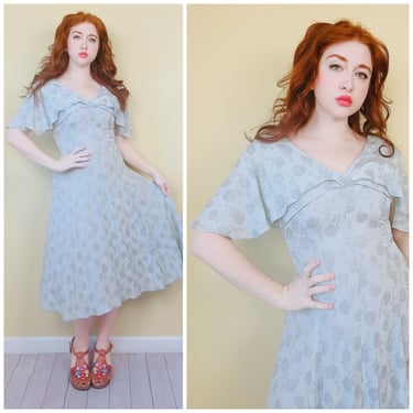 1980s Vintage Wild Rose Silver Cape Dress / 80s / Acetate / Rayon Flutter Sleeve Fit and Flare Romantic Floral Dress / Medium 