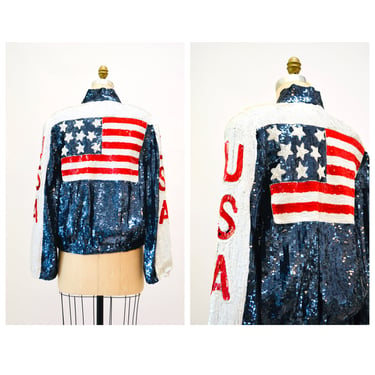 80s 90s Vintage USA Sequin Jacket American Flag USA Medium By LIllie Rubin Red white and blue sequin Jacket Stars and Stripes USA America 
