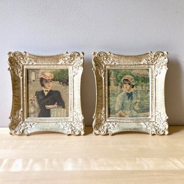 pair pastel portraits vintage Paris fashion 1890s Huldah art prints in ornate frames 