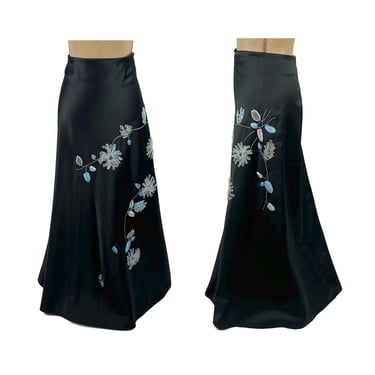 Long Black Formal Skirt Medium - 29" Floral Embroidered Satin A Line Maxi - Prom Party Evening Wear - Women Vintage 90s Y2K from BEBE 