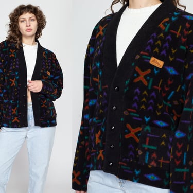 Medium 90s Black Fleece Geometric Print Cardigan | Vintage Abstract All Over Print Button Up V Neck Soft Sweatshirt 