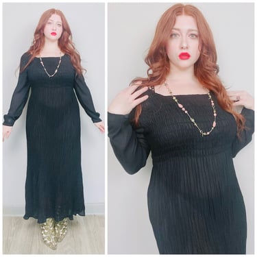 1990s Vintage French Connection Black Sheer Crinkle Dress / 90s Poly Chiffon Long Sleeve Grunge Maxi Dress / Size Large -XL 