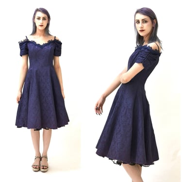 Vintage 80s 90s Prom Dress Size Small Blue Purple Brocade with Crinoline skirt // Vintage 80s Party Dress off the shoulder 