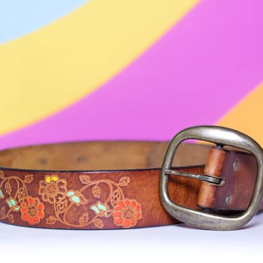Vintage 1970s Tooled Leather Belt 