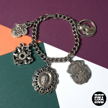 Incredible Vintage 60s 70s Chunky Silver Shields Medallions Etc Charm Bracelet 