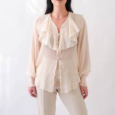 Vintage 80s Liz Claiborne Cream Silk Ruffled Shawl Collar Blouse w/ Billowy Pleated Cuff Sleeves | 100% Silk | 1980s Does 40s Designer Top 
