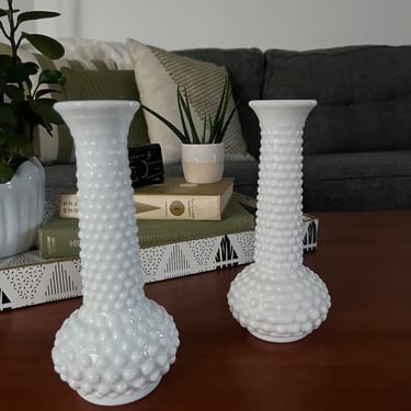 Vintage E.O. Brody Hobnail Milk Glass Bud Vases 