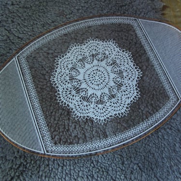 Georges Briard Gold Rim Serving Tray White Lace Doily Glass Platter Thin Clear Glass Plate Mid Century Gold White Accent Plate 70s atomic 