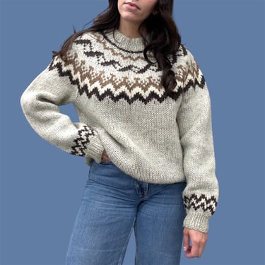 Vintage Sweater Retro 1970s Hilda Ltd + Size Large + Hand Knit + Fair Isle + Icelandic Wool + Grey and Brown + Intarsia +  Unisex Apparel 