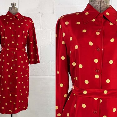 Vintage Red Silk Dress Sara Campbell Yellow Polka Dot Button Front Shirt 3/4 Sleeves Medium 1990s 