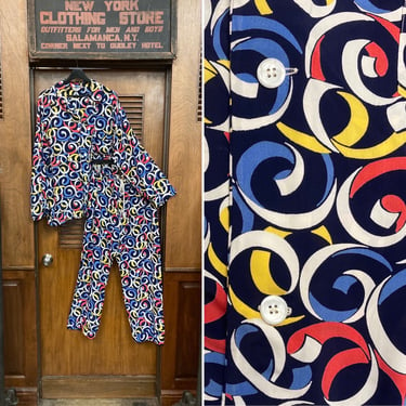 Vintage 1940’s Size XL Atomic Pattern Silky Rayon PJ Pajama Two Piece Set, Rockabilly, Atomic Print, Pajama Set, 1940’s Lounge Wear, Oufit 