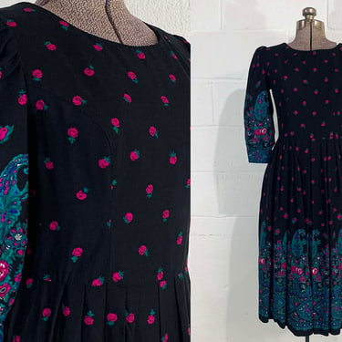 Vintage Lanz Petite Rose Dress Black Pink Floral Romantic Pleated Skirt Flowers Boho 3/4 Sleeves Cottagecore Small 1980s 