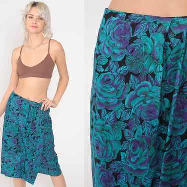 Floral Pencil Skirt 80s Midi Wrap Skirt High Waisted Wiggle Secretary Purple Turquoise Blue Rayon Flower Vintage 1980s Small Medium 6 8 