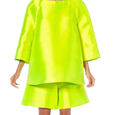 1990S Gianfranco Ferre Lime Green Silk  Poly Oversized Tunic Mini Dress Shorts Ensemble 
