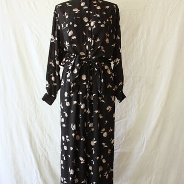 90s Sheer Two Piece Black Floral Tunic Blouse and Wide Leg Easy Pants Set Size L 