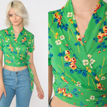 70s Wrap Blouse Green Floral Shirt Boho Crop Top Belted Shirt Hippie  1970s Bohemian V Neck Short Sleeve Vintage Small Medium 