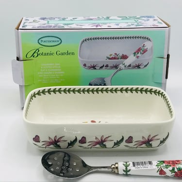 Vintage Portmeirion Botanic Ceramic Cranberry Dish & Spoon Set with Flower Motif New Unused 