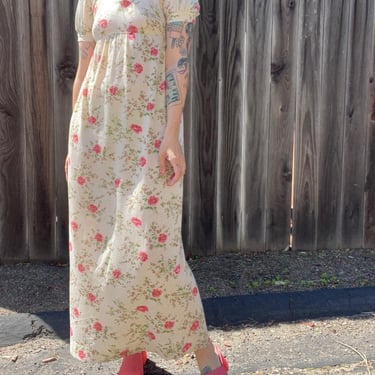 1970s cream and pink floral poly/rayon maxi dress by Byer of California 