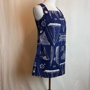 60’s cotton Sailboat print tank top tunic~ sailor vibes navy blue & white nautical drawings summer beach vibes~ 1960’s mod ~size 6-8 