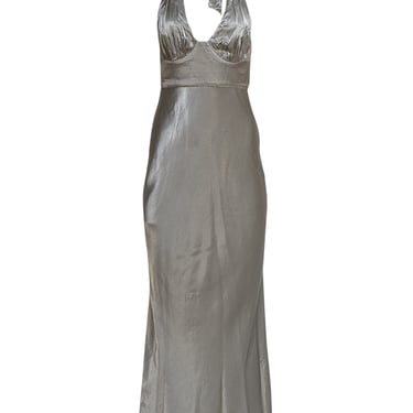 Shona Joy - Grey Satin Halter Neck Tie Formal Dress Sz 4