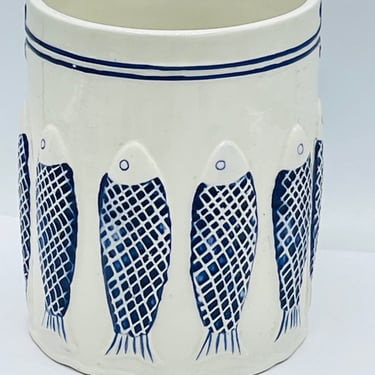 Vintage  Blue  and White Fish Design Kitchen Utensil Holder Vase 7" 