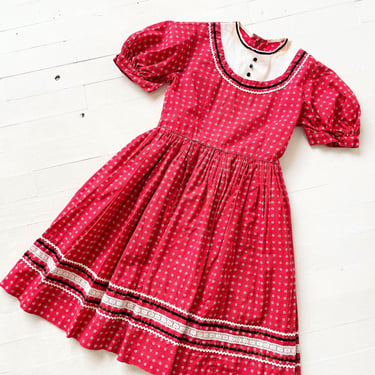 1950s Girls Red Patterned Puff Sleeve Dress 