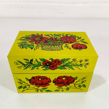 Vintage Metal Recipe Box Yellow Red Green 1970s Syndicate Manufacturing Co. Tin Made in USA Mid Century Recipes Phoenxville PA 