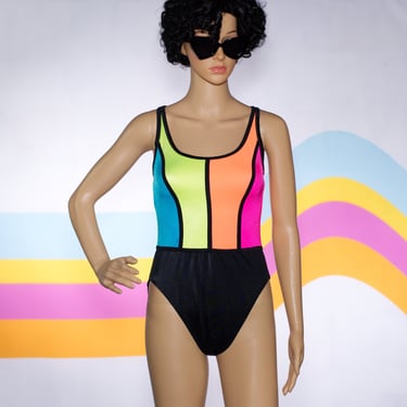 Vintage 1980s Color Block One Piece Swim Suit | Large | i-11 