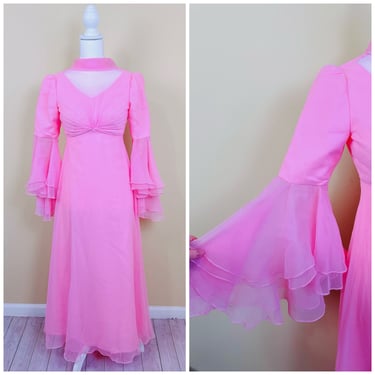 1970s Vintage Pink Chiffon Maxi Dress / 70s Empire Waist Sheer Mock Neck Bell Sleeve Ruffled Gown / XS 