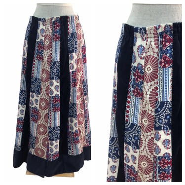 Vintage VTG 1970s 70s Chessa Davis Blue Velvet Patchwork Boho Maxi Skirt 