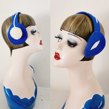 Vintage 40s Earmuffs for Girl Blue White Felt 