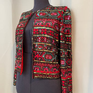 70s glam rock sequined Jacket Red Silk rainbow XL 