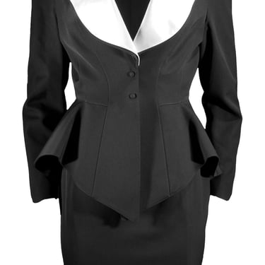Thierry Mugler F/W 1992 Archival Black Skirt Suit with White Satin Notched Lapels