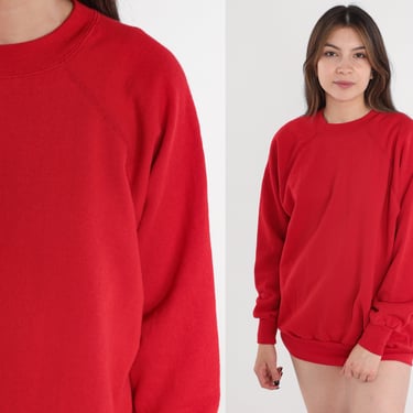 Red Sweatshirt 90s Raglan Sleeve Sweatshirt Plain Slouchy Crewneck Pullover Sweater Basic Plain Top Solid Blank Shirt Vintage 1990s Large L 