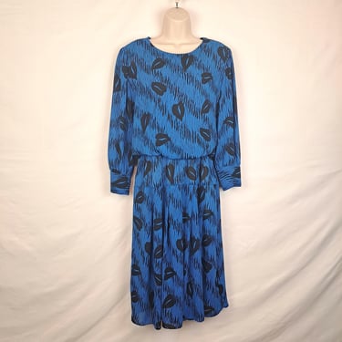 Vintage 80s Blue & Black Wavy Blouson Dress 