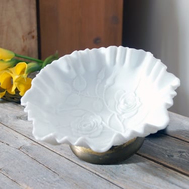 Vintage Imperial Glass milk glass bowl with roses / brass footed bowl / fluted milk glass bowl / embossed floral bowl / vintage milk glass 
