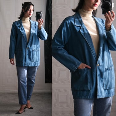 Vintage 80s HUNTERS RUN Denim Chore Styled Unstructured Single Button Blazer | 100% Cotton | 1980s Designer Denim Womens Blue Jean Jacket 