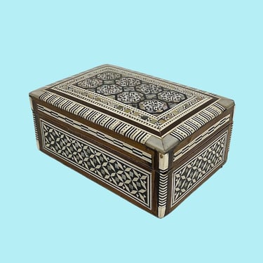 Vintage Jewelry Box Retro 1980s Moroccan + Handmade + Inlaid Design + Marquetry + Mother of Pearl + Khatam + Storage + Red Felt Interior + 