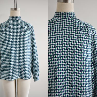 1980s Blue and Green Houndstooth Tie Neck Blouse 
