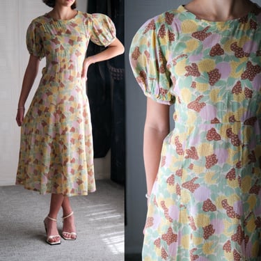 Vintage 40s Handmade Pastel Dandelion & Sunflower Patch Print Empire Waist Dress w/ Poof Shoulders | Cotton Gauze | 1940s Bohemian Dress 