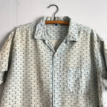 Vintage 50s Saforized California Loop Collar Distressed repaired Abstract Atomic Shape Pattern Shirt Size L 