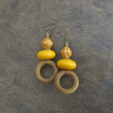 Yellow wooden earrings, Afrocentric African earrings, bold statement earrings, geometric earrings, rustic bronze earrings, mid century 2233 