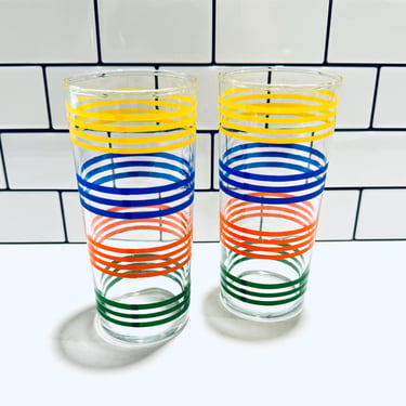 Pair of Vintage Fiestaware Primary Color Rainbow Stripe Tall Drinking Glasses, MCM Drinkware, Mid Century Fiestaware 