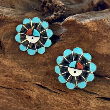 ZUNI SUN FACE Handmade Sterling Silver, Turquoise, Jet, Mother of Pearl Stud Earrings |  Native American Inlay Jewelry | Southwestern 