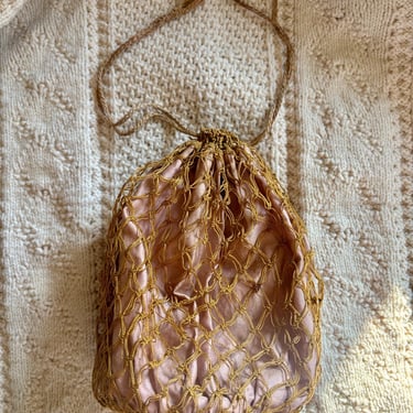 Antique Edwardian Silk Net Pouch Handmade Coin Purse Gold Pink Accessory by TimeBa