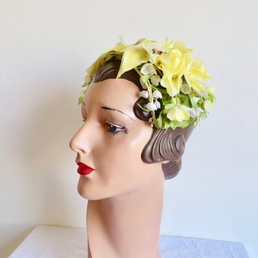 Vintage 1950's 60's Yellow Floral Flower Fascinator Hat Roses Lilly of the Valley Green Leaves Velvet Ribbon Spring Summer 50's Millinery 
