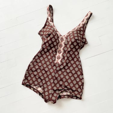 1960s Brown Printed One-Piece Swimsuit 
