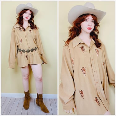 1990s Vintage Faux Suede Giraffe Embroidered Shirt / 90s Tan Micro Suede Rhinestone Tunic / XXL 