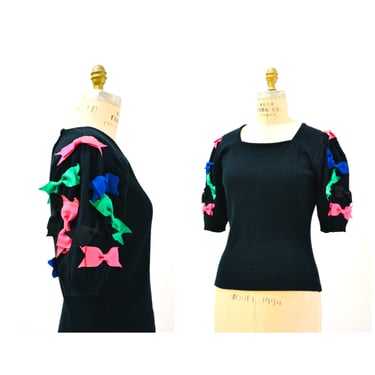 80s 90s Black Sweater with Bows Vintage Short Sleeve Sweater top// Vintage Bow Sweater Top Black Pink Blue Green Medium 80s 90s Party top 