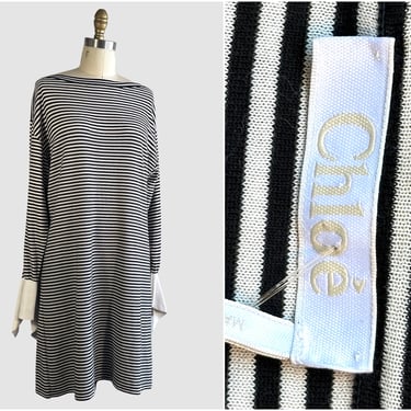 CHLOE Stripe Knit T Shirt Dress | Black and White Tunic with Boat Neck | French Designer Avant Garde, Minimalist Made in Italy | Size Medium 